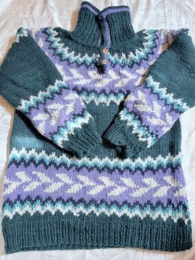 Hand Crafted Dark Teal Cowl-Neck Sweater Purple & White Fair Isle - XL (unisex)